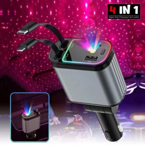 Fast Charging 4 in 1 Retractable Car Phone Station Charger 2 Cables Type C PD Quick Adapter with Ambient Star Light