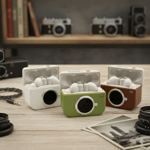 Wireless Earbuds + Camera-Shaped Charging Case