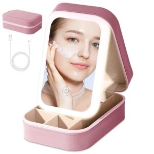 Small Travel LED Makeup Mirror Case with 3 Adjustable Color Light Settings, Dust-Proof Jewelry Box, Mini Cosmetic Train Case Ideal for Short Trips, White, Cosmetic Bag with Led Mirror SPRADE