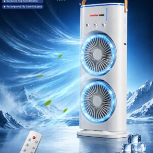 Double Ended Spray Fan, Cold Air, 2025 New 3 Gears USB Rechargeable Oscillating one with LED Light Cooler, Tower Air Coolers & Remote Control,Water Tank,Bedroom, Living Room